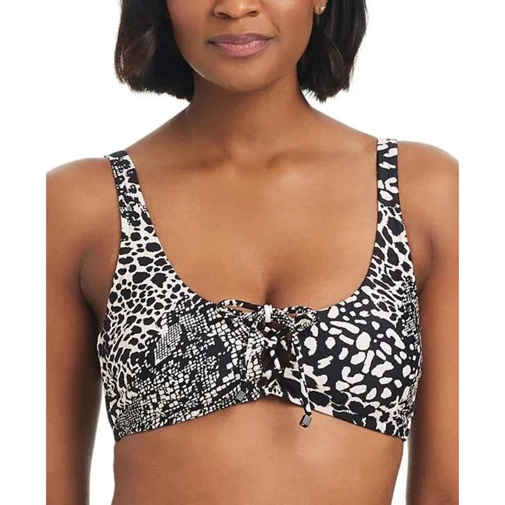 NWT Bar III Bikini Top Women's Small Black Nylon Primal Mix Animal Print Lace-Up